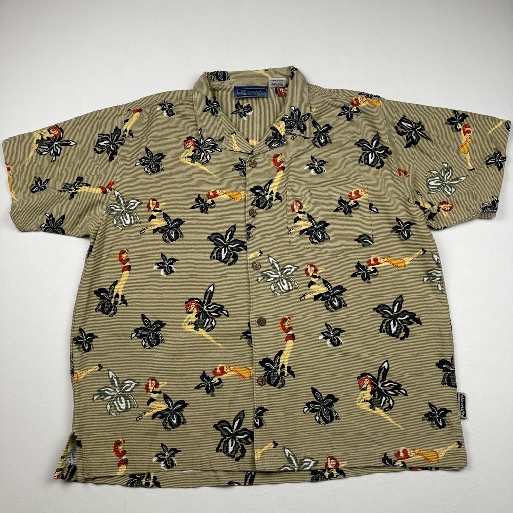 Jimmy'z Shirt Mens Large Tan Hawaiian Pin Up Floral Print Button Up Camp Casual